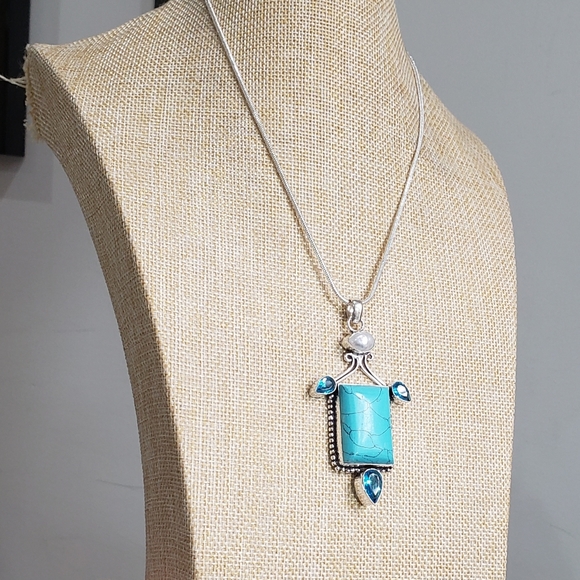 Turquoise necklace, 925 silver turquoise blue topaz pendant necklace - Picture 8 of 14